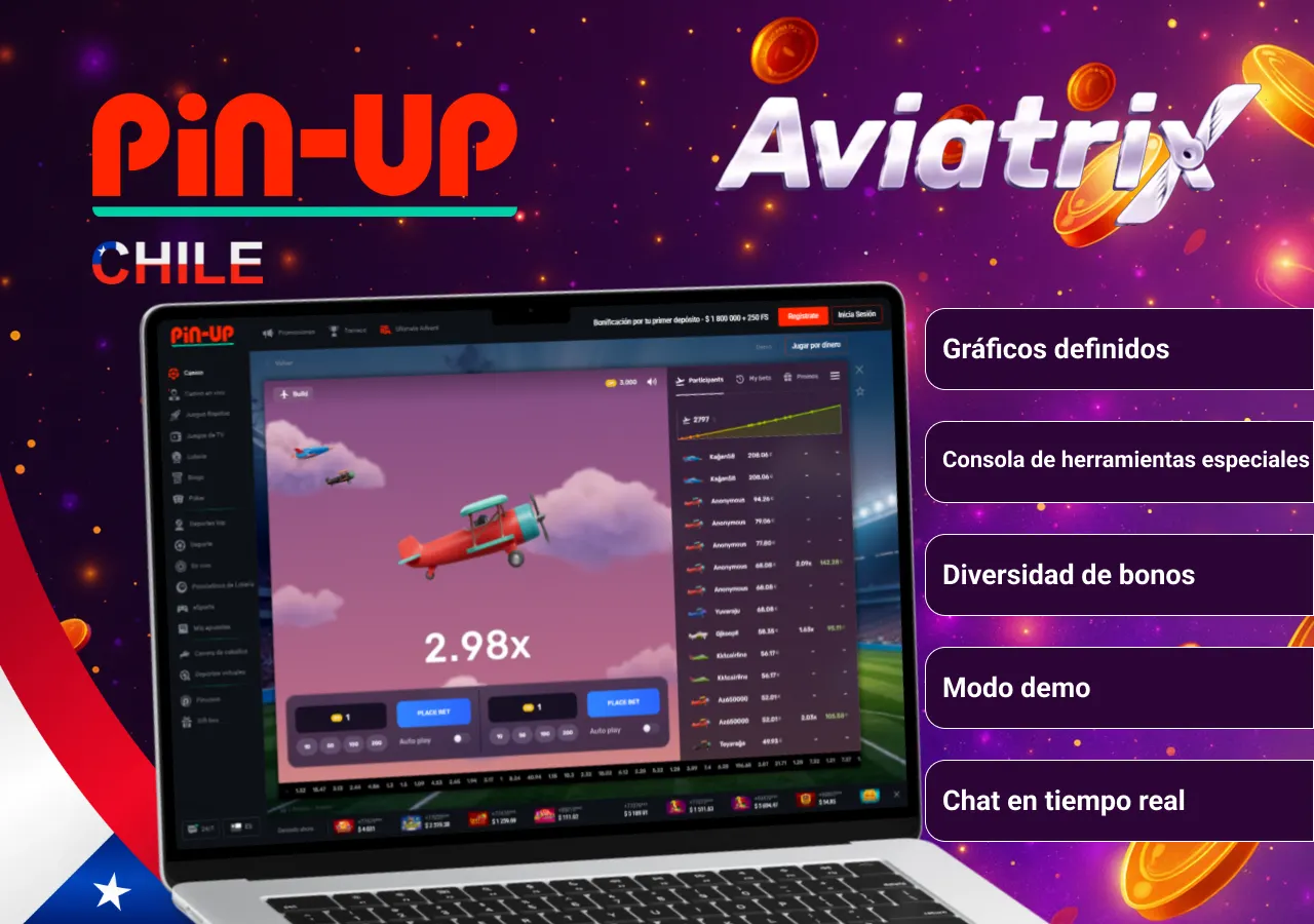 Juego Aviatrix en Pin-Up Chile con gráficos definidos, modo demo y chat en tiempo real